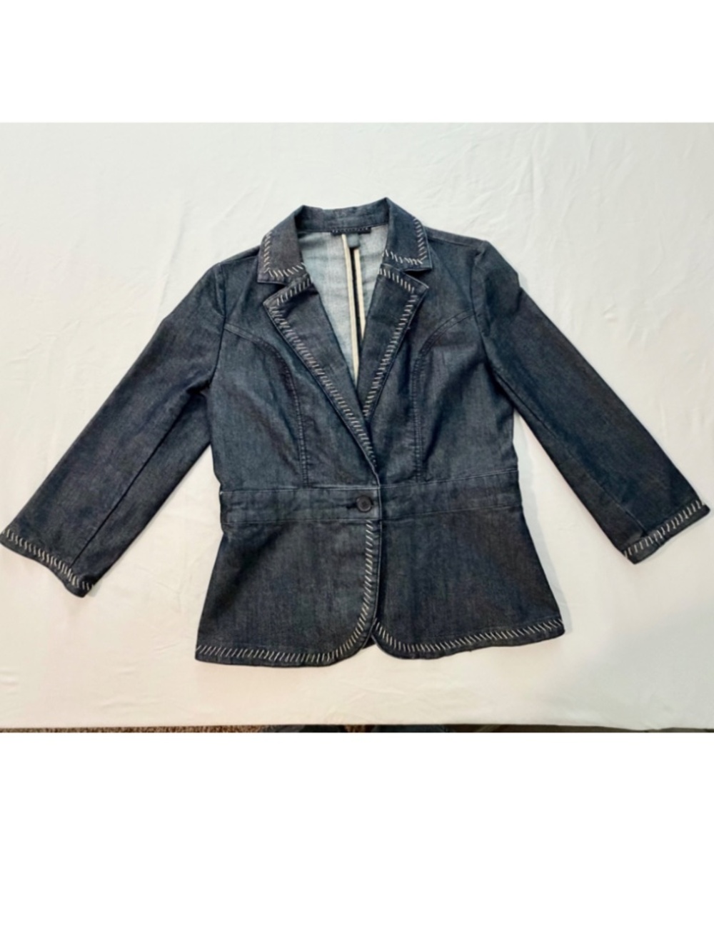 Apostrophe Dark Wash Denim Blazer with White Contrast Stitching, Y2K - Size 6